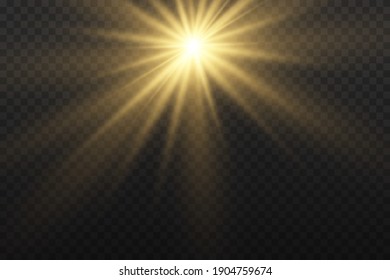 La luz amarilla brillante estalla en un fondo transparente. Parpadeando mágicas partículas de polvo. Estrella brillante. Sol brillante transparente, brillante. El vector brilla. Centrar un flash brillante.