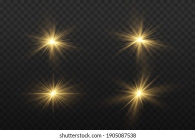 Yellow glowing light explodes on a transparent background. Sparkling magical dust particles. Bright Star. Transparent shining sun, bright flash. Vector sparkles. To center a bright flash.