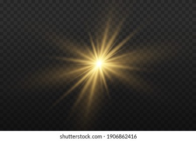 Yellow glowing light explodes on a transparent background. Sparkling magical dust particles. Bright Star. Transparent shining sun, bright flash. Vector sparkles. To center a bright flash.