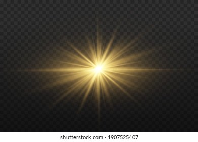 Yellow glowing light explodes on a transparent background. Sparkling magical dust particles. Bright Star. Transparent shining sun, bright flash. Vector sparkles. To center a bright flash.