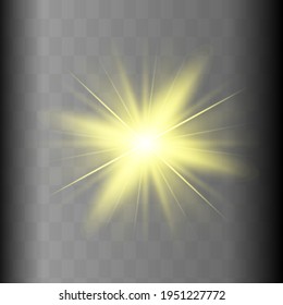 La luz amarilla brillante estalla en un fondo transparente. Parpadeando mágicas partículas de polvo. Estrella brillante. Sol brillante transparente, brillante. El vector brilla. Centrar un flash brillante