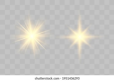 Yellow glowing light explodes on a transparent background. Sparkling magical dust particles. Bright Star. Transparent shining sun, bright flash. Vector sparkles. To center a bright flash