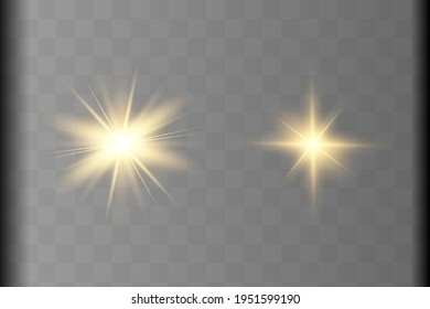 Yellow glowing light explodes on a transparent background. Sparkling magical dust particles. Bright Star. Transparent shining sun, bright flash. Vector sparkles. To center a bright flash