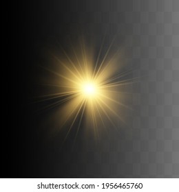 Yellow glowing light explodes on a transparent background. Sparkling magical dust particles. Bright Star. Transparent shining sun, bright flash. Vector sparkles. To center a bright flash