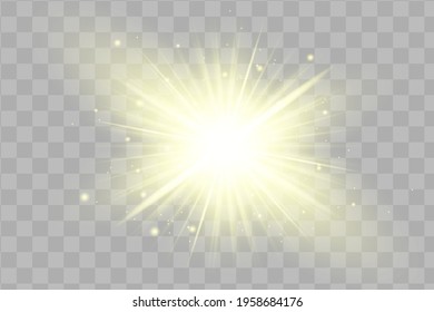 Yellow glowing light explodes on a transparent background. Sparkling magical dust particles. Bright Star. Transparent shining sun, bright flash. Vector sparkles. To center a bright flash