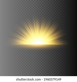 Yellow glowing light explodes on a transparent background. Sparkling magical dust particles. Bright Star. Transparent shining sun, bright flash. Vector sparkles. To center a bright flash