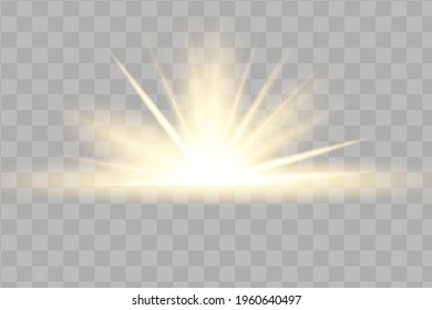 Yellow glowing light explodes on a transparent background. Sparkling magical dust particles. Bright Star. Transparent shining sun, bright flash. Vector sparkles. To center a bright flash