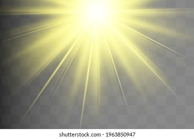 La luz amarilla brillante estalla en un fondo transparente. Parpadeando mágicas partículas de polvo. Estrella brillante. Sol brillante transparente, brillante. El vector brilla. Centrar un flash brillante