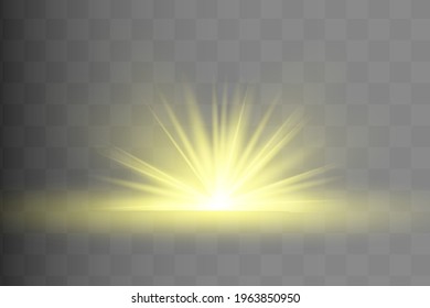 Yellow glowing light explodes on a transparent background. Sparkling magical dust particles. Bright Star. Transparent shining sun, bright flash. Vector sparkles. To center a bright flash