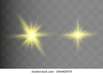 Yellow glowing light explodes on a transparent background. Sparkling magical dust particles. Bright Star. Transparent shining sun, bright flash. Vector sparkles. To center a bright flash