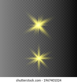 Yellow glowing light explodes on a transparent background. Sparkling magical dust particles. Bright Star. Transparent shining sun, bright flash. Vector sparkles. To center a bright flash