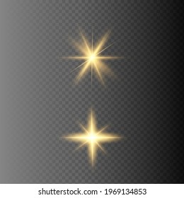 Yellow glowing light explodes on a transparent background. Sparkling magical dust particles. Bright Star. Transparent shining sun, bright flash. Vector sparkles. To center a bright flash