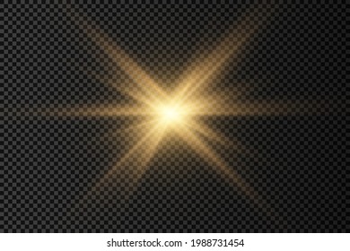 La luz amarilla brillante estalla en un fondo transparente. Estrella brillante. La estrella estalló de alegría. Efecto Golden Light. Un destello de sol con rayos. Rayos amarillos. Ilustración vectorial.