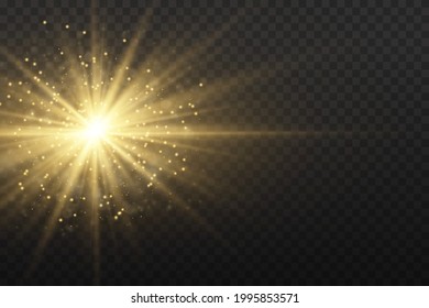 Yellow glowing light explodes on a transparent background. Sparkling magical dust particles. Bright Star. Transparent shining sun, bright flash. Vector sparkles. To center a bright flash.
