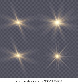 Yellow glowing light explodes on a transparent background. Sparkling magical dust particles. Bright Star. Transparent shining sun, bright flash. Vector sparkles. To center a bright flash.