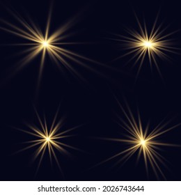 Yellow glowing light explodes on a transparent background. Sparkling magical dust particles. Bright Star. Transparent shining sun, bright flash. Vector sparkles. To center a bright flash.