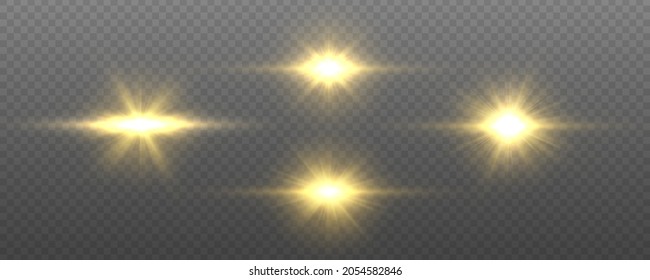 Yellow glowing light explodes on a transparent background. Lens flares and sparkles template for your design. Star burst with sparkles.  Transparent glitter gradient gloss, bright flash. Vector.