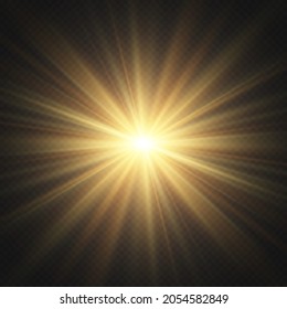 Yellow glowing light explodes on a transparent background. Lens flares and sparkles template for your design. Star burst with sparkles.  Transparent glitter gradient gloss, bright flash. Vector.