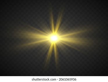 Yellow glowing light explodes on a transparent background. Lens flares and sparkles template for your design. Star burst with sparkles.  Transparent glitter gradient gloss, bright flash. Vector.