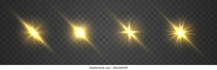 Yellow glowing light explodes on a transparent background. Lens flares and sparkles template for your design. Star burst with sparkles.  Transparent glitter gradient gloss, bright flash. Vector.
