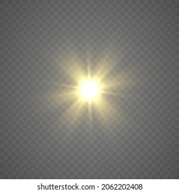 Yellow glowing light explodes on a transparent background. Lens flares and sparkles template for your design. Star burst with sparkles.  Transparent glitter gradient gloss, bright flash. Vector.