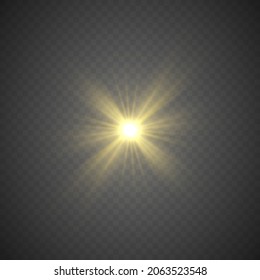Yellow glowing light explodes on a transparent background. Lens flares and sparkles template for your design. Star burst with sparkles.  Transparent glitter gradient gloss, bright flash. Vector.
