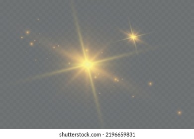 Yellow glowing light explodes on a transparent background. Bright Star. The star burst with brilliance. Golden Light effect. A flash of sunshine with rays. Yellow sun rays. Vector illustration.