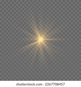 La luz amarilla brillante estalla en un fondo transparente. Estrella brillante. La estrella estalló de alegría. Efecto Golden Light. Un destello de sol con rayos.