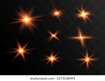 Yellow glowing light explodes on a transparent background. Sparkling magical dust particles. Bright Star. Transparent shining sun, bright flash. Vector sparkles. To center a bright flash
