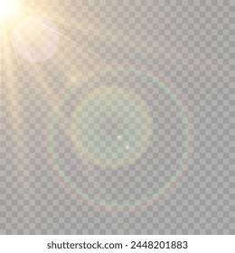 Yellow glowing light explodes on a transparent background. Sparkling magical dust particles. Bright Star. Transparent shining sun, bright flash. Vector sparkles.