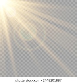 Yellow glowing light explodes on a transparent background. Sparkling magical dust particles. Bright Star. Transparent shining sun, bright flash. Vector sparkles.