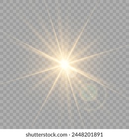 Gelb leuchtendes Licht explodiert auf einem transparenten Hintergrund. Funkelnde magische Staubpartikel. Heller Stern. Transparent leuchtende Sonne, heller Blitz. Vektorgrafik funkelt.