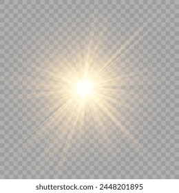 La luz brillante amarilla explota sobre un fondo transparente. Partículas mágicas de polvo brillantes. Estrella brillante. Sol brillante transparente, destello brillante. El Vector brilla.