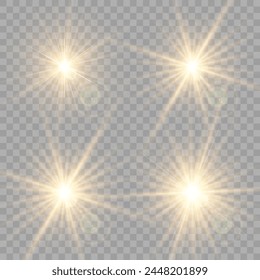 La luz brillante amarilla explota sobre un fondo transparente. Partículas mágicas de polvo brillantes. Estrella brillante. Sol brillante transparente, destello brillante. El Vector brilla.