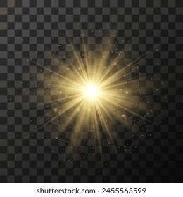 Yellow glowing light explodes on a transparent background. Sparkling magical dust particles. Bright Star. Transparent shining sun, bright flash. Vector sparkles.