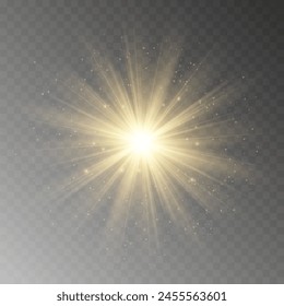 Yellow glowing light explodes on a transparent background. Sparkling magical dust particles. Bright Star. Transparent shining sun, bright flash. Vector sparkles.