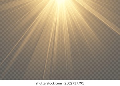 Gelb leuchtendes Licht explodiert auf transparentem Hintergrund. Zauberhafte Staubpartikel. Heller Stern. Transparent leuchtende Sonne, heller Blitz. Vektorfunkeln.