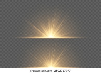 Yellow glowing light explodes on a transparent background. Sparkling magical dust particles. Bright Star. Transparent shining sun, bright flash. Vector sparkles.