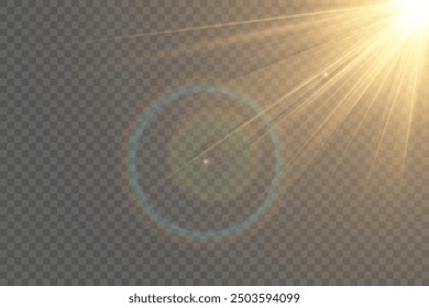 Yellow glowing light explodes on a transparent background. Sparkling magical dust particles. Bright Star. Transparent shining sun, bright flash. Vector sparkles.