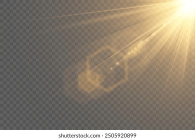 La luz brillante amarilla explota sobre un fondo transparente. Partículas de polvo mágicas brillantes. Estrella brillante. Sol brillante transparente, flash brillante. Vector brilla.