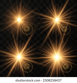 Yellow glowing light explodes on a transparent background. Sparkling magical dust particles. Bright Star. Transparent shining sun, bright flash. Vector sparkles.