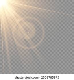 Yellow glowing light explodes on a transparent background. Sparkling magical dust particles. Bright Star. Transparent shining sun, bright flash. Vector sparkles.