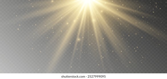 Yellow glowing light explodes on a transparent background. Sparkling magical dust particles. Bright Star. Transparent shining sun, bright flash. Vector sparkles.