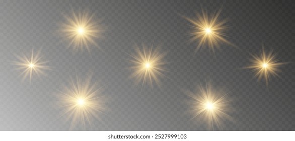 Yellow glowing light explodes on a transparent background. Sparkling magical dust particles. Bright Star. Transparent shining sun, bright flash. Vector sparkles.
