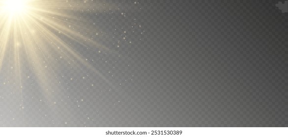 Yellow glowing light explodes on a transparent background. Sparkling magical dust particles. Bright Star. Transparent shining sun, bright flash. Vector sparkles.