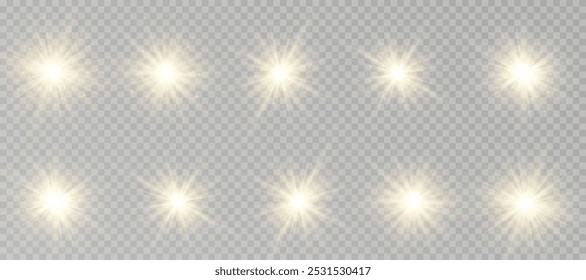 Yellow glowing light explodes on a transparent background. Sparkling magical dust particles. Bright Star. Transparent shining sun, bright flash. Vector sparkles.