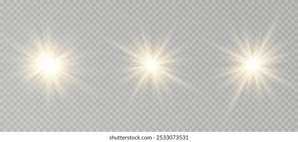 Yellow glowing light explodes on a transparent background. Sparkling magical dust particles. Bright Star. Transparent shining sun, bright flash. Vector sparkles.