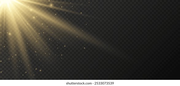 Yellow glowing light explodes on a transparent background. Sparkling magical dust particles. Bright Star. Transparent shining sun, bright flash. Vector sparkles.