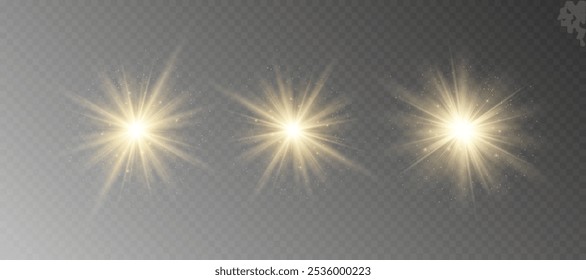 Yellow glowing light explodes on a transparent background. Sparkling magical dust particles. Bright Star. Transparent shining sun, bright flash. Vector sparkles.