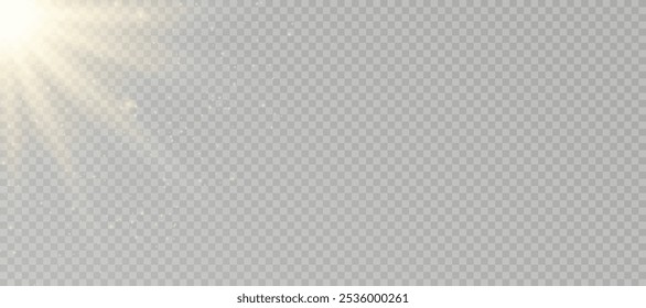 La luz brillante amarilla explota sobre un fondo transparente. Partículas de polvo mágicas brillantes. Estrella brillante. Sol brillante transparente, flash brillante. Vector brilla.